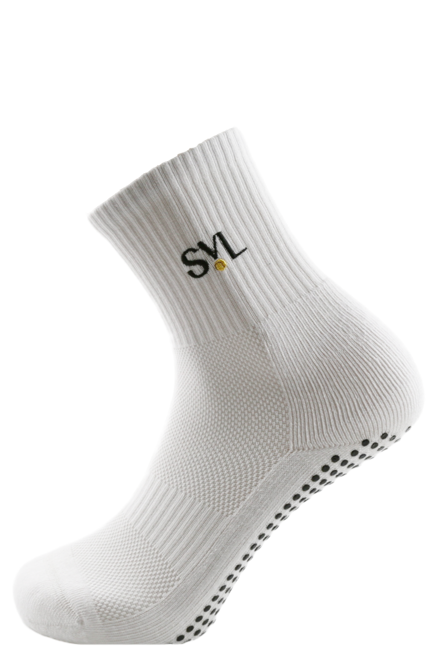 SVL white padel socks with compression fit, reinforced heel and toe cushioning, anti-slip grip, and mesh ventilation zones for breathability.