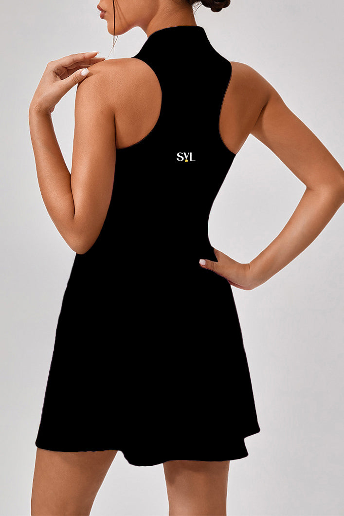 SVL Padel Zesty Zipper Dress in black, featuring a front zipper closure, sleek design, and built-in shorts, combining style and functionality for padel enthusiasts
