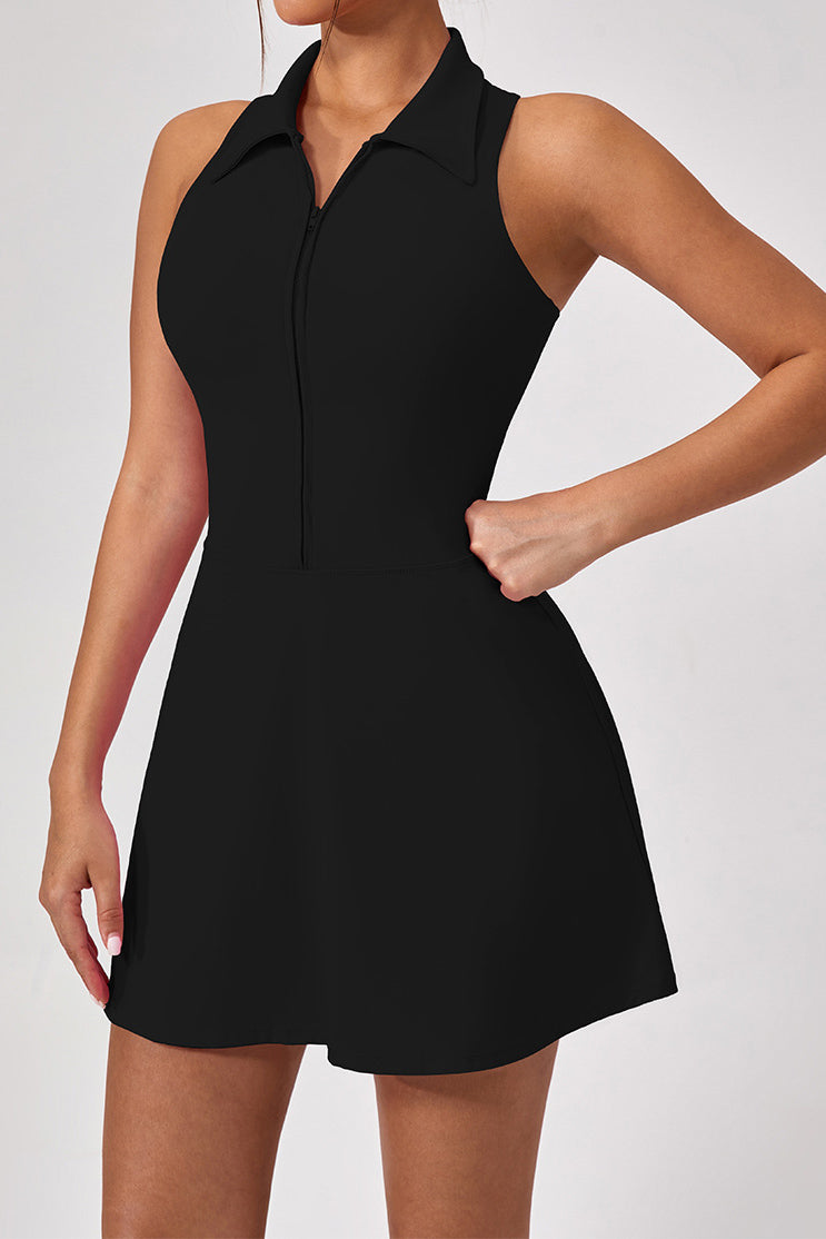 SVL Padel Zesty Zipper Dress in black, featuring a front zipper closure, sleek design, and built-in shorts, combining style and functionality for padel enthusiasts