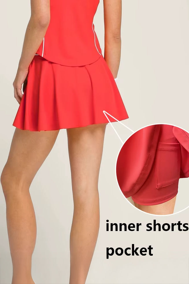 Rear view of the red SVL Kate padel and tennis skirt with a callout showing the functional ball and phone pocket on the integrated inner shorts.