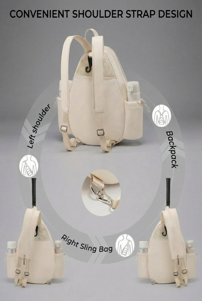 Infographic of the SVL luxury padel backpack showing its convertible strap design that allows it to be worn as a traditional backpack or a left/right shoulder sling bag.