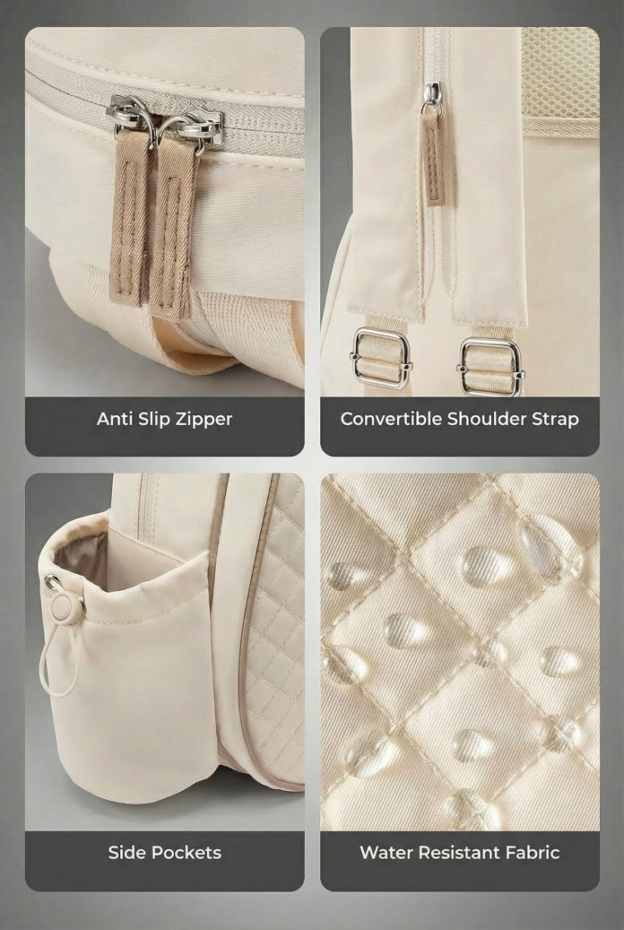 Infographic of the SVL luxury padel backpack detailing the anti-slip zipper, convertible shoulder strap, side pockets, and water-resistant quilted fabric.