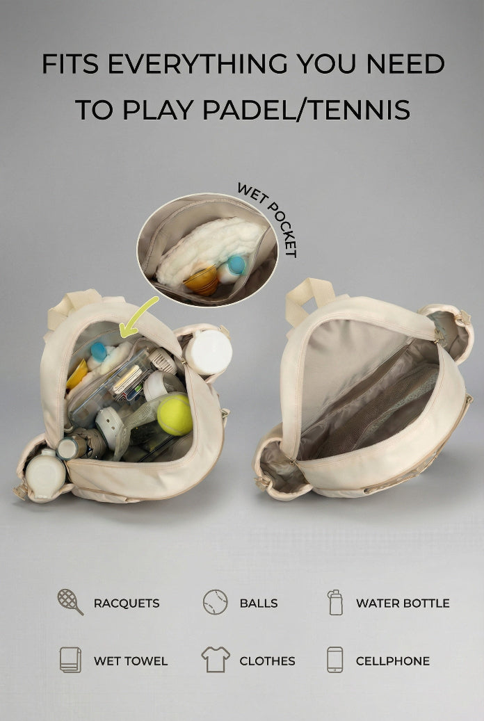 Infographic of the SVL luxury padel backpack detailing its capacity to fit racquets, balls, water bottles, wet towels, clothes, and a cellphone with a dedicated wet pocket feature.