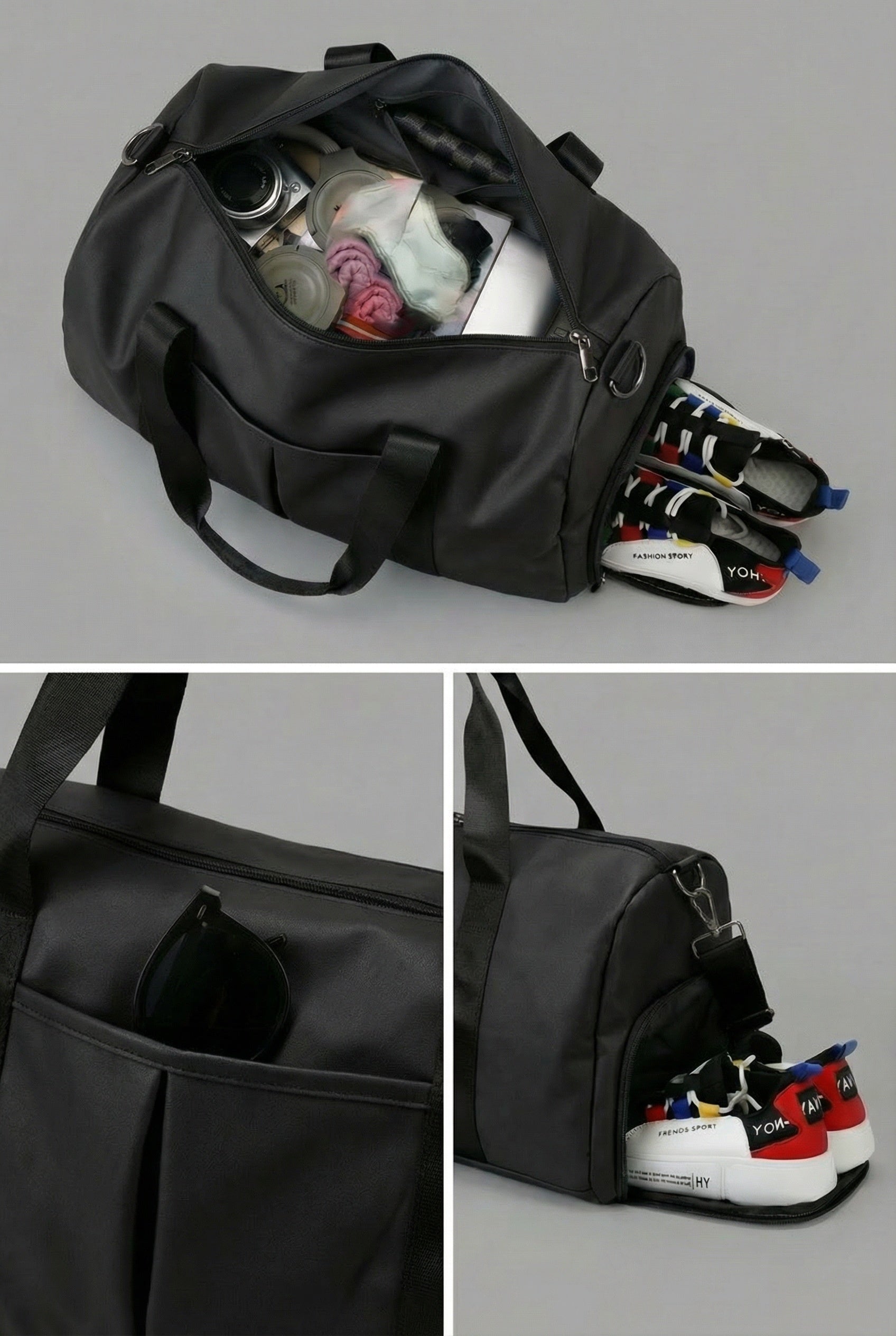 Top view of SVL black padel and tennis gym bag showing spacious interior compartments and shoes compartment