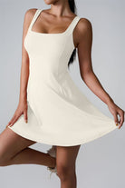 SVL Padel Sweet Swirl Dress in ivory, showcasing a swirling pattern, comfortable fit, and built-in shorts, perfect for both padel games and casual outings