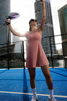 SVL Padel Sweet Swirl Dress in pink, showcasing a swirling pattern, comfortable fit, and built-in shorts, perfect for both padel games and casual outings