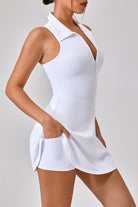 SVL Padel Zesty Zipper Dress in white, featuring a front zipper closure, sleek design, and built-in shorts, combining style and functionality for padel enthusiasts