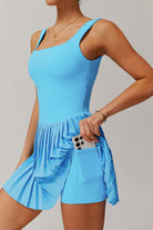 Close-up view of the integrated under-shorts on the Daria tennis dress, featuring a functional side pocket for a smartphone or extra balls.