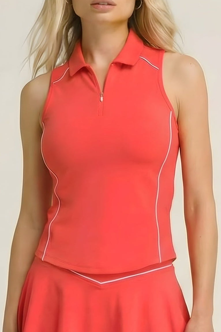 Front studio view of the red SVL Kate performance tennis and padel top, featuring a sleeveless design with a zip-up polo collar and white piping accents.