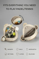 Infographic of the SVL luxury padel backpack detailing its capacity to fit racquets, balls, water bottles, wet towels, clothes, and a cellphone with a dedicated wet pocket feature.