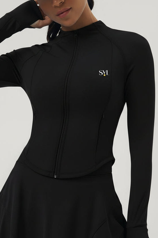 Close-up front view of the black Swan Sway performance jacket featuring a full zipper, high collar, and the SVL brand logo.