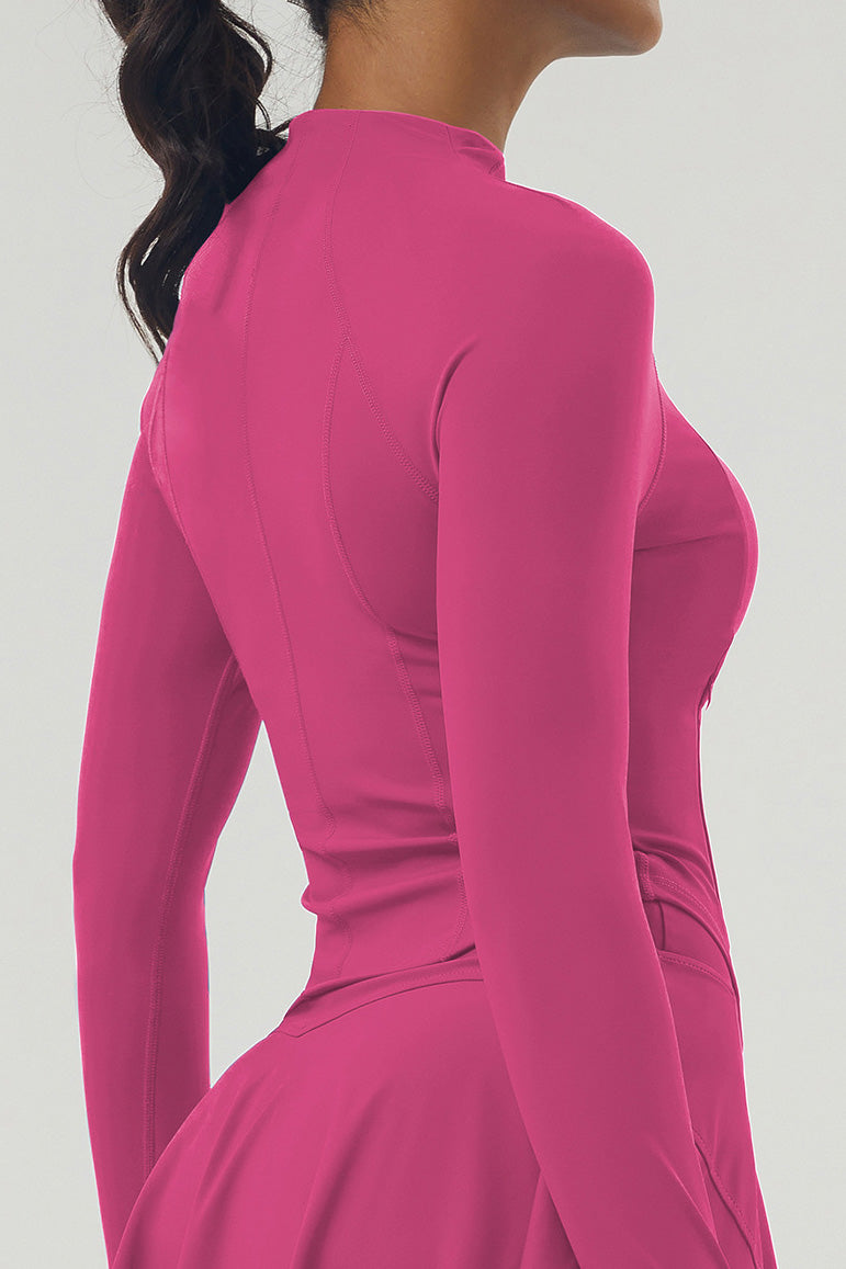Side profile of the dark pink Swan Sway performance jacket highlighting the contoured seams and flexible, moisture-wicking fabric.