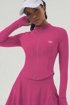 Full studio shot of the dark pink Swan Sway jacket paired with a matching athletic skirt, ideal for padel and tennis warm-ups.