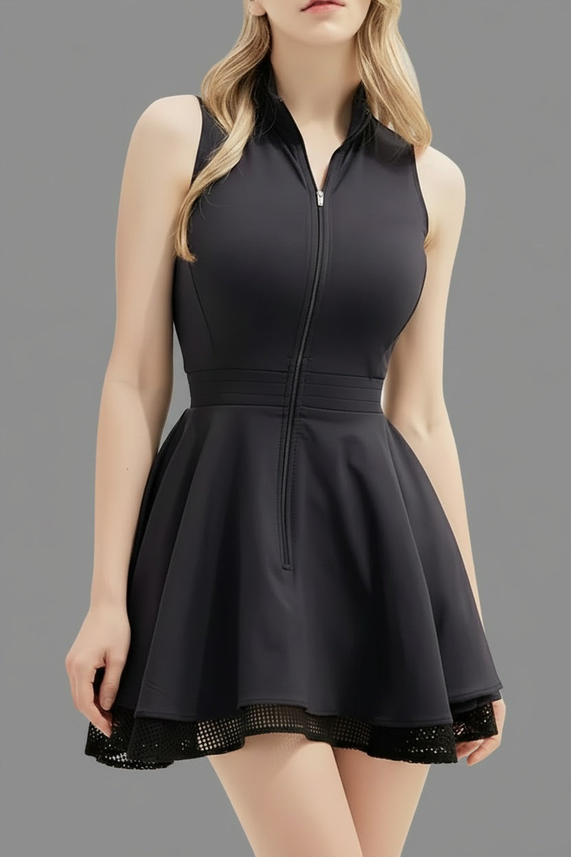 Close-up studio view of the black Wiktoria tennis and padel dress featuring a high-neck zip-front bodice and sleeveless performance design.